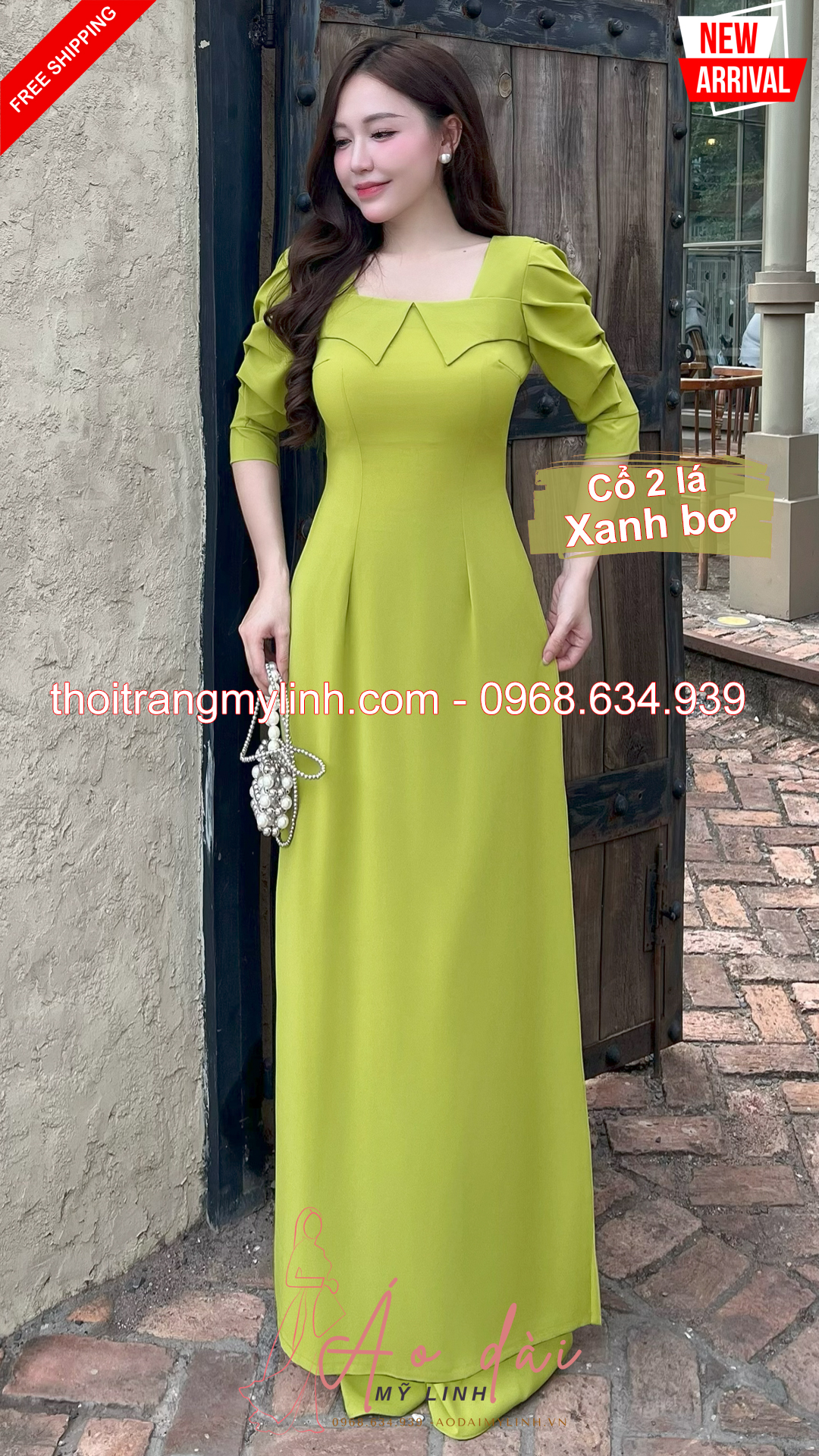 Bộ dài cổ vuông 2 lá bâu tay xếp tầng xanh bơ